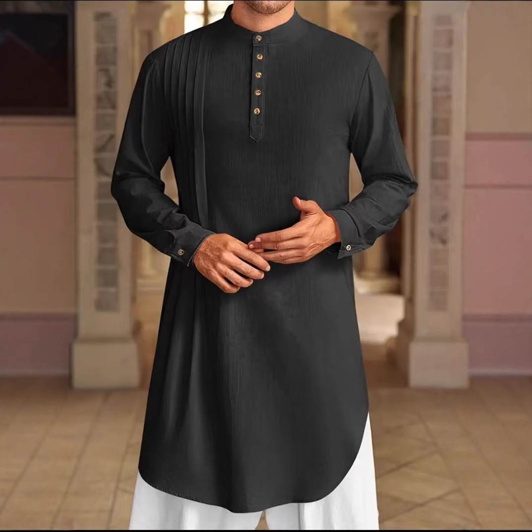 2025 New Muslim Middle Eastern Arab Malaysia Men's Button Cotton and Linen Shirt Muslim Robe