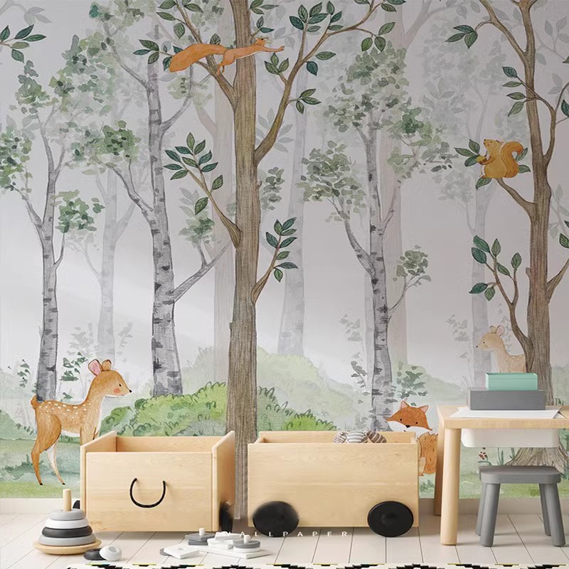 Scandinavian Wall Cloth Hand-Painted Animal Forest Kidsren's Room Wallpaper Seamless Wallpaper Boy Girl Bedroom Background Wall Mural