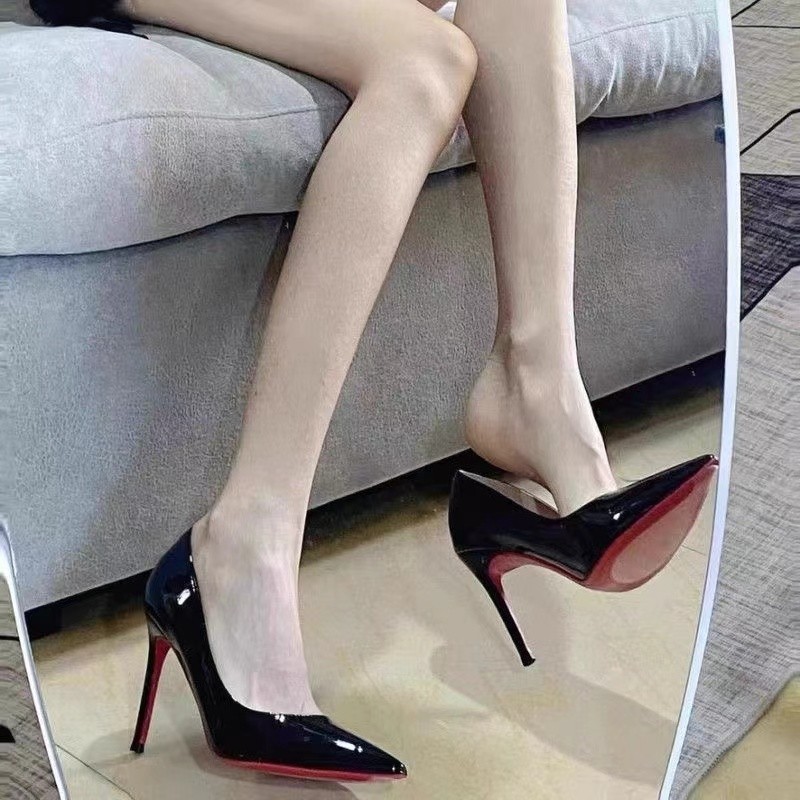 High-heeled shoes bed cannon shoes women's stiletto heel 2024 spring and autumn new black red bottom 10cm plus size pointed shoes