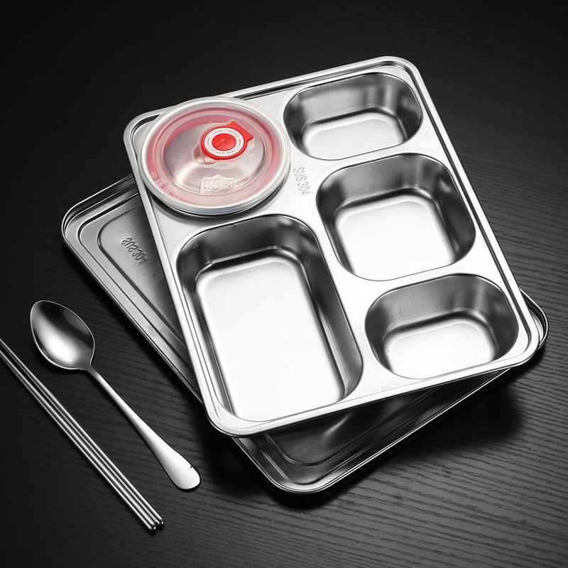 304 Stainless Steel Dinner Plate Square Four-Compartment Five-Compartment Fast Food Plate Adult Student Canteen Thickeneded Lunch Box Compartmented Lunch Box