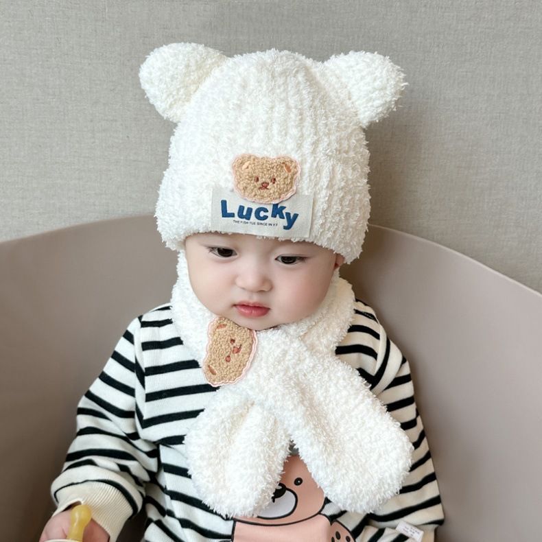 Baby hat autumn and winter cute bear baby plush ear cap scarf suit warm boy and girl pullover cap