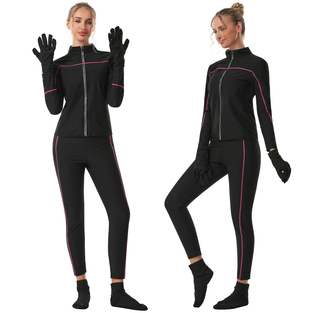 Cross-Border Shapewear Sweat High-Waist Tummy Control Pants Yoga Suit Sports Sauna Zipper Long-Sleeved High-Neck Fitness Suit
