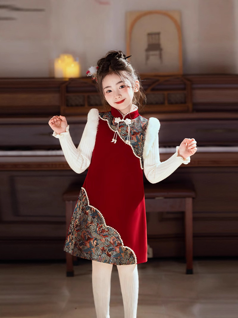 Girls' fleece-lined dress Winter Warm suit Children's Clothing Cheongsam Children's Hanfu New Chinese Princess Dress