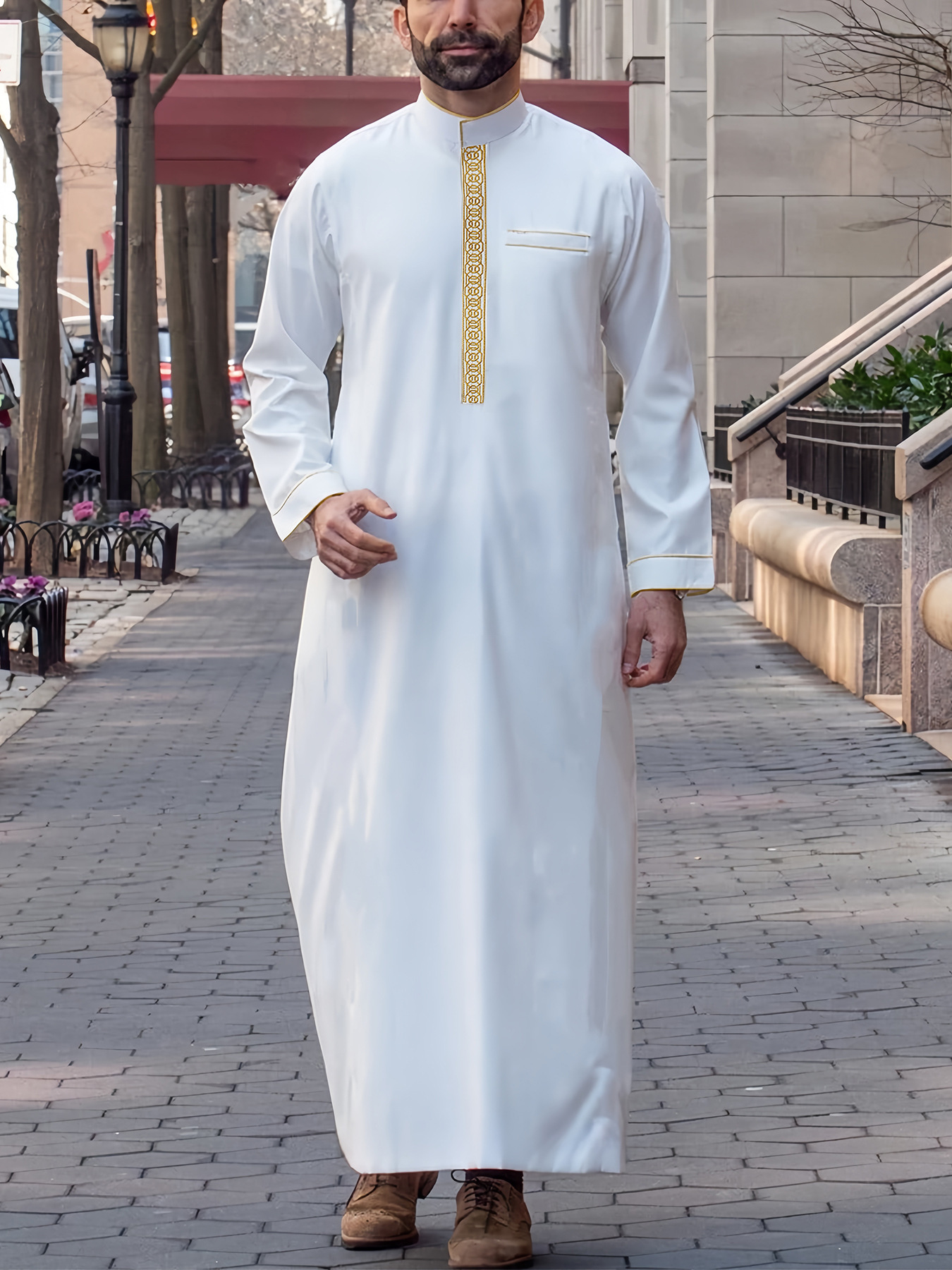 Cross-Border Middle Eastern Men's Robe Long-Sleeved Embroidered Stand-Up Collar Arabic Loose Men's Muslim Robe (Ready in Stock)