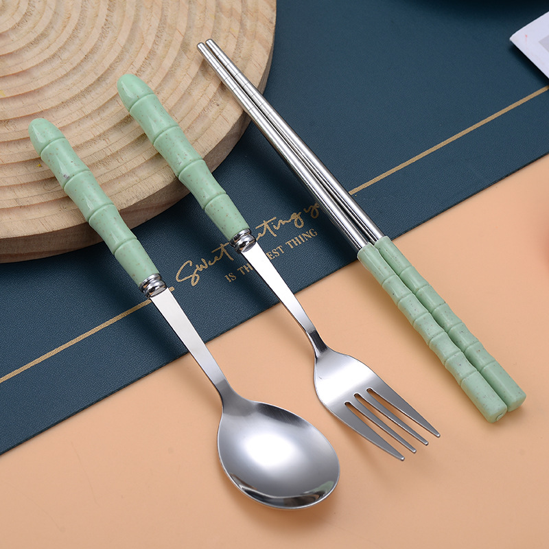 Cross-border stainless steel convenient tableware suit office workers outdoor travel bamboo handle spoon fork chopsticks tableware three-piece set
