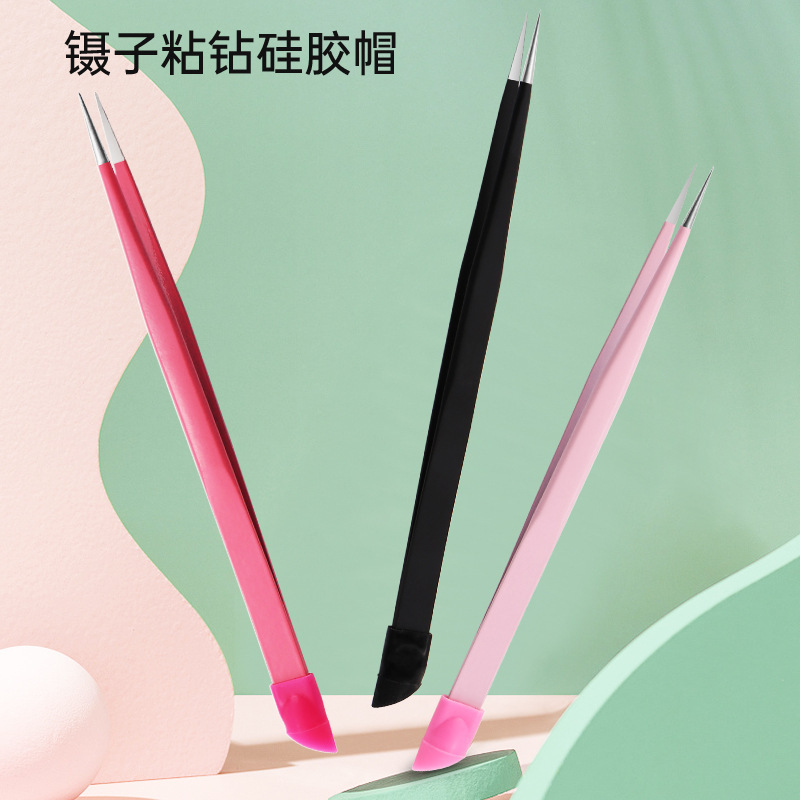 Multifunctional Manicure Dual-Purpose Tweezers Sticker Alloy Clip Drill Special Double-Headed Tweezers with Silicone Pressable Tools Wholesale