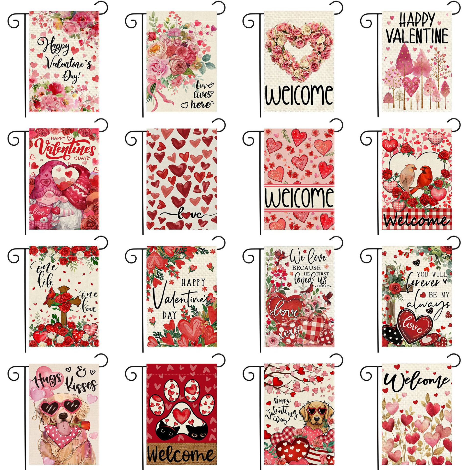 Кросс-бордерный горячий флаг ко Дню святого Валентина Красное сердце Роза Уличное украшение Льняной двусторонний садовый флаг