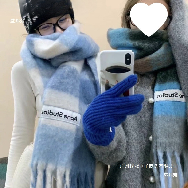 Autumn and Winter New Thickened Warm Rainbow-Colored Plaid Scarf European and American Loop Yarn Thick Tassel Color-Blocking Shawl Universal