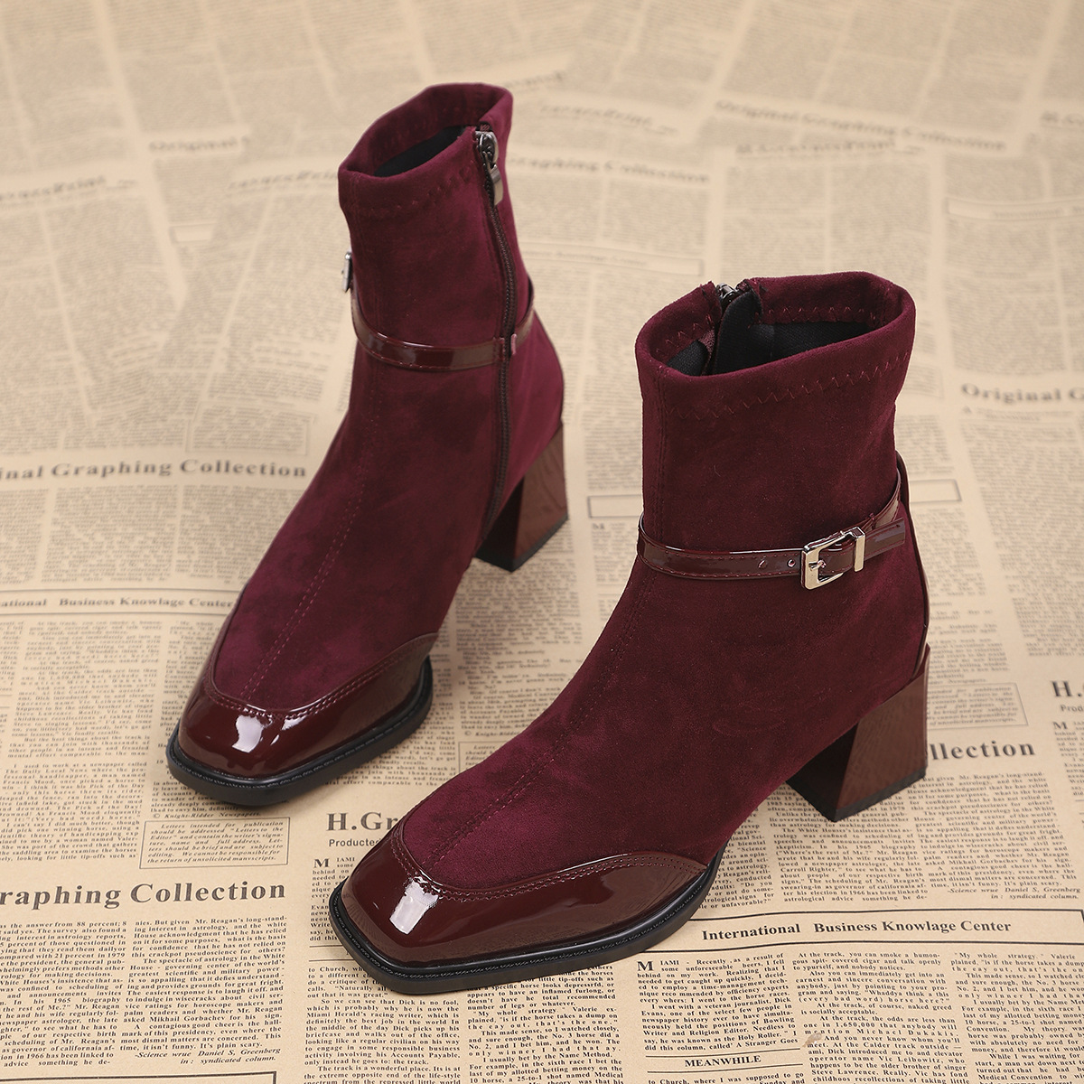 European and American Cross-Border New Retro French and British Style Black Square-Toe Leather Suede Short Boots with Side Zipper Fashion Boots