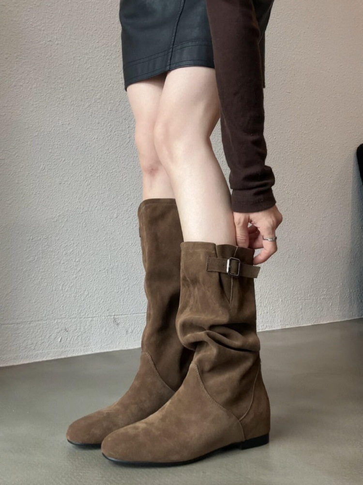 Шершавая версия ~ Ретро ковбойские сапоги с острым носком из натуральной кожи для женщин с увеличенной высотой и универсальным ленивым стилем, сапоги выше колена