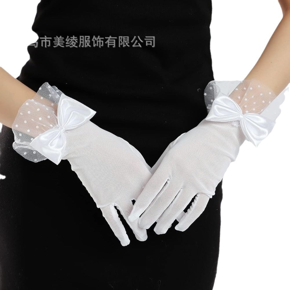 European and American Retro Hepburn Wind Mesh Gloves Bridal Wedding Dress Bow Gloves Evening Dress Lace Decorative Gloves