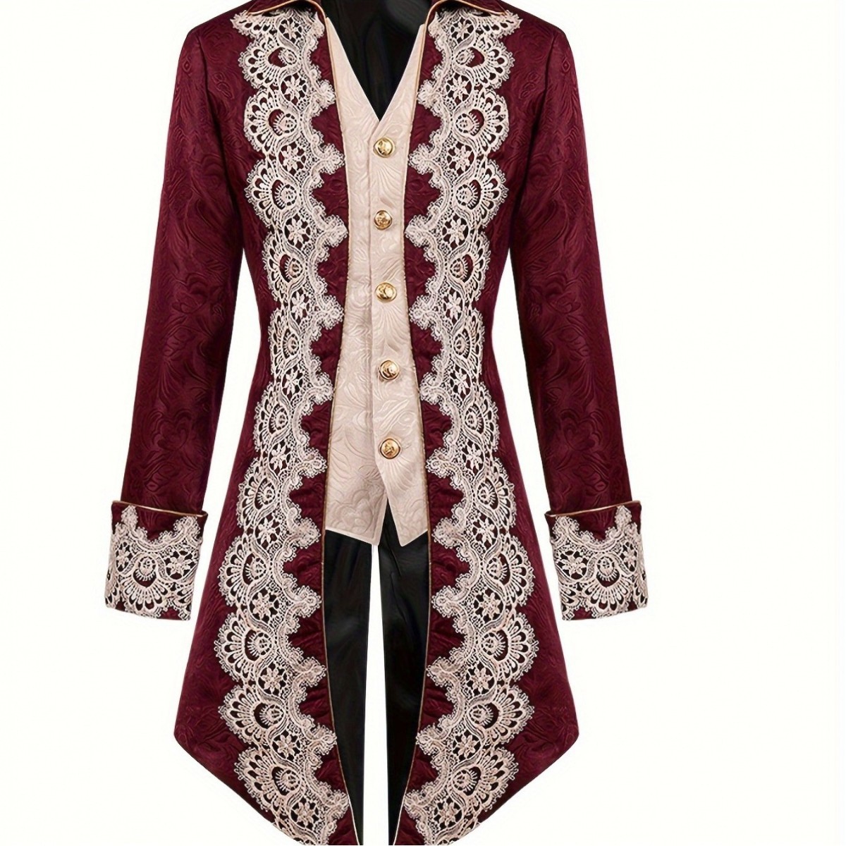Men's Steampunk Medieval Tail Coat, Gothic Victorian Dress Coat Uniform with Lace