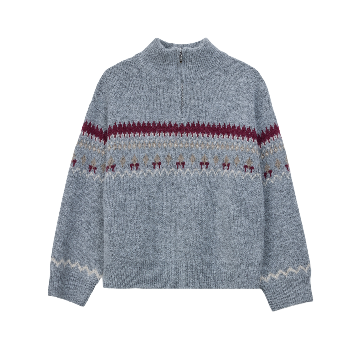 Letm Iceland Vacation' Retro High Weight Wool Fair Isle Jacquard Contrast Color Half Placket Large Sweater for Women