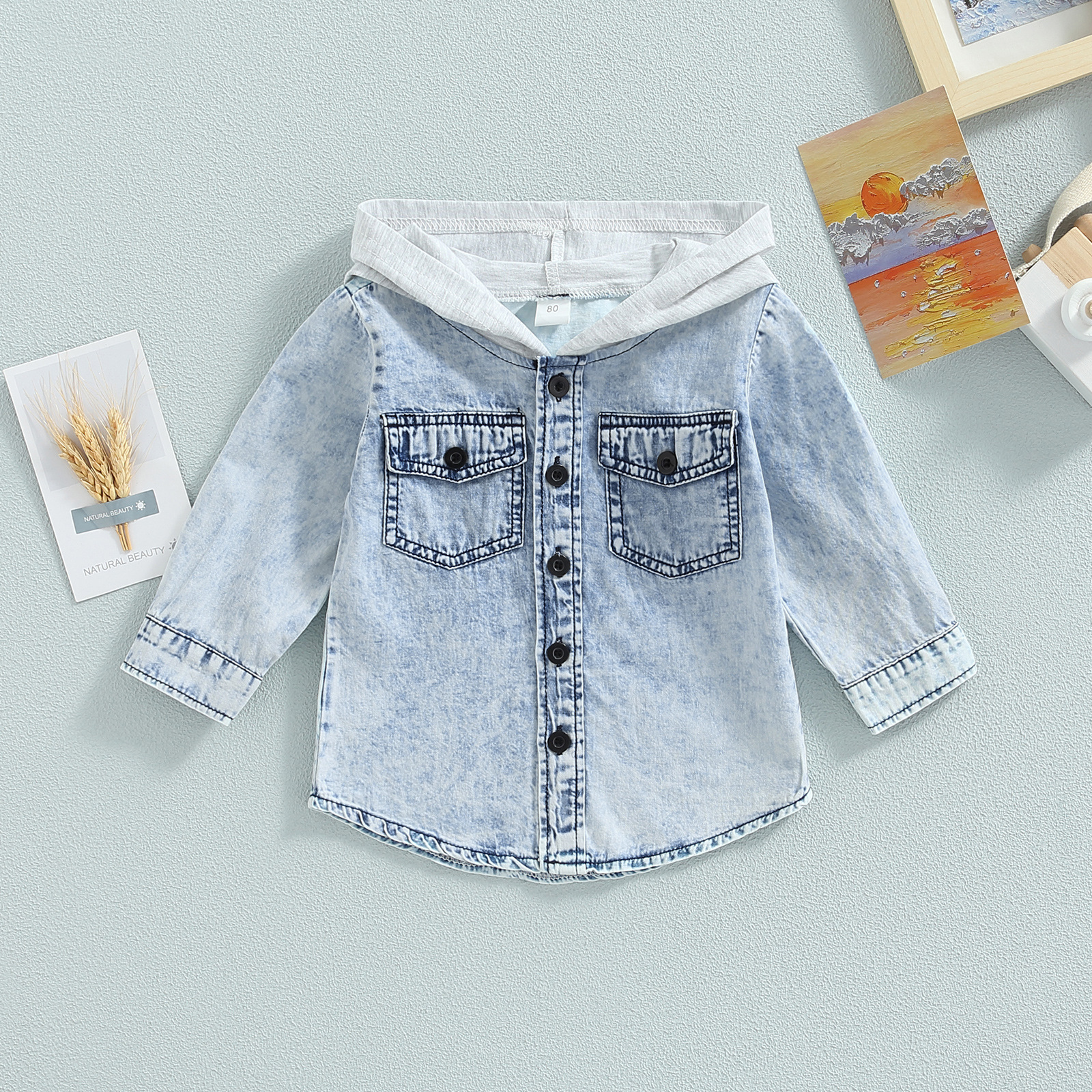 Autumn new children's clothing girls' trendy solid color hooded Denim long-sleeved top Denim all-matching coat