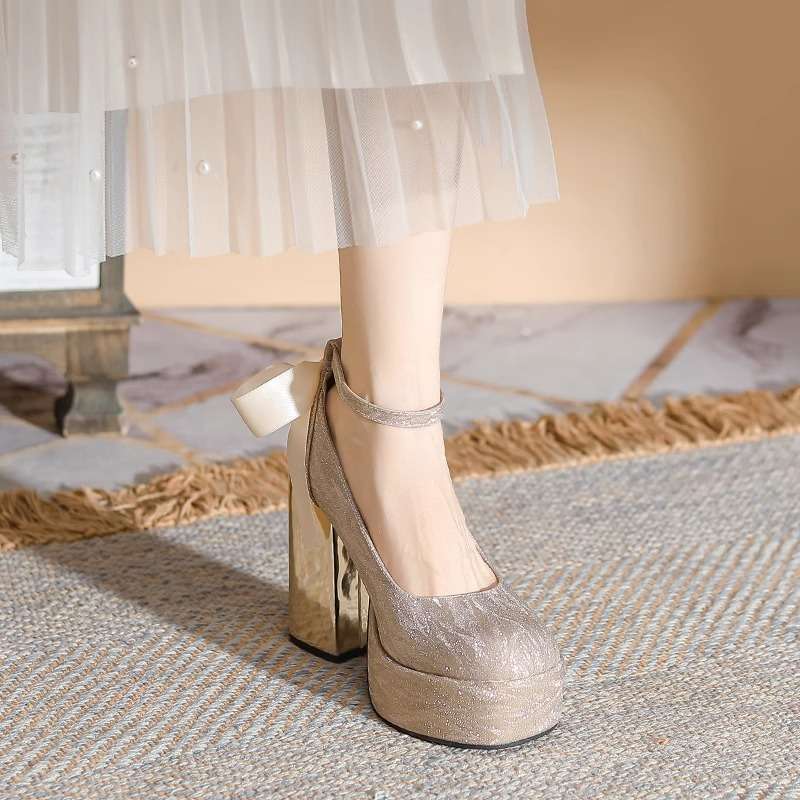 Increase Height by 12cm for Small People, Silver High Heels, Thick Heels, French Mary Jane Wedding Shoes, Thick Soles, Waterproof Platforms, French Flats