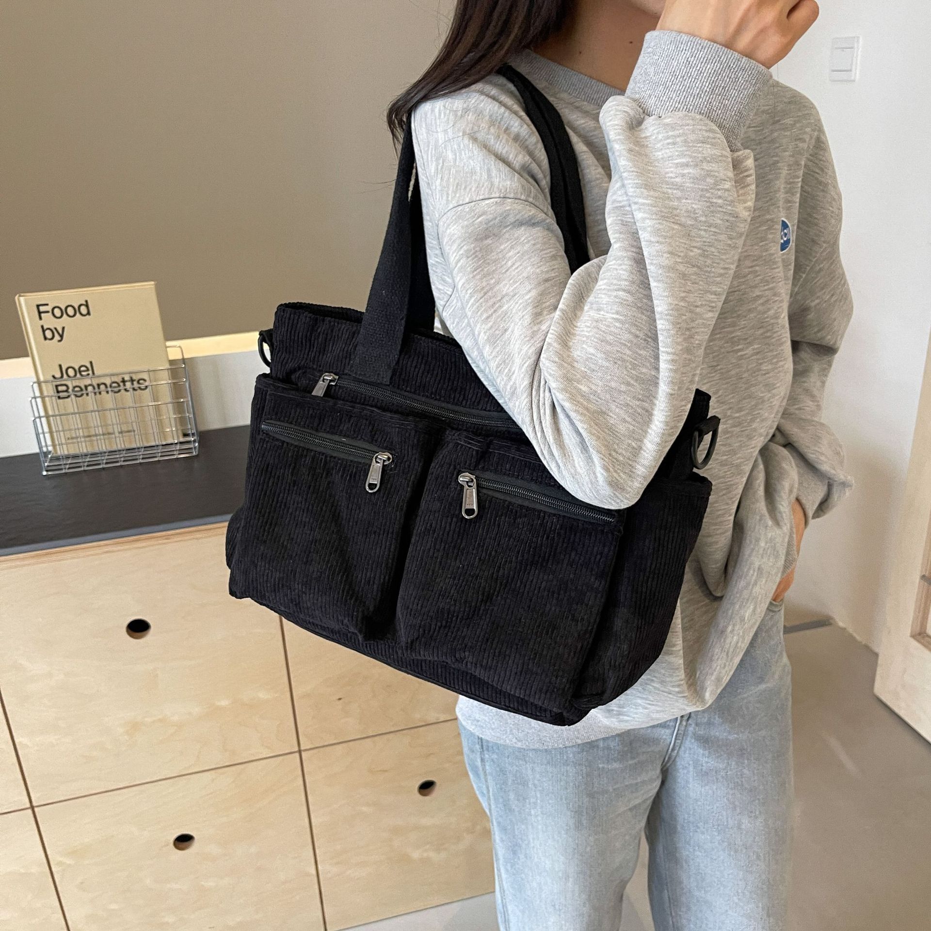 Cross-Border New Women's Tote Bag Made of Corduroy with Multiple Compartments, Large Capacity, Simple Shoulder and Crossbody Daily Bag, in Stock
