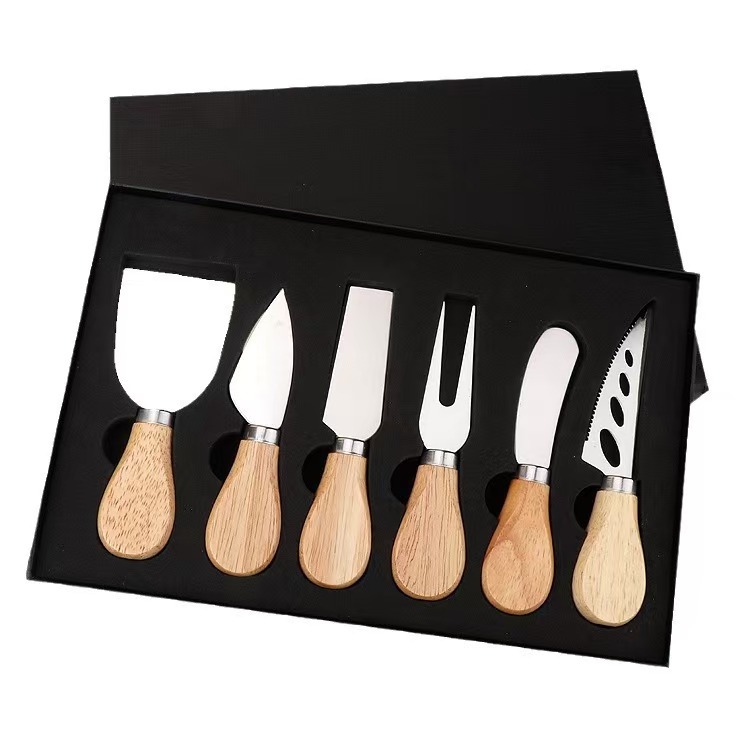 Набор ножей для сыра из нержавеющей стали с резиновыми и деревянными ручками, бамбуковый нож для масла, вилка для сыра, подарочная коробка