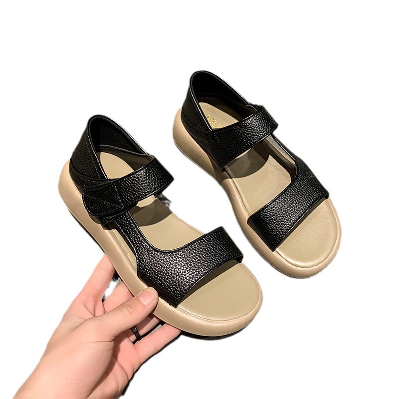 Cross-border Large Size Velcro Sandals for Women 2024 Summer New Thick-soled Round-toe Sandals Fairy Style Beach Sandals