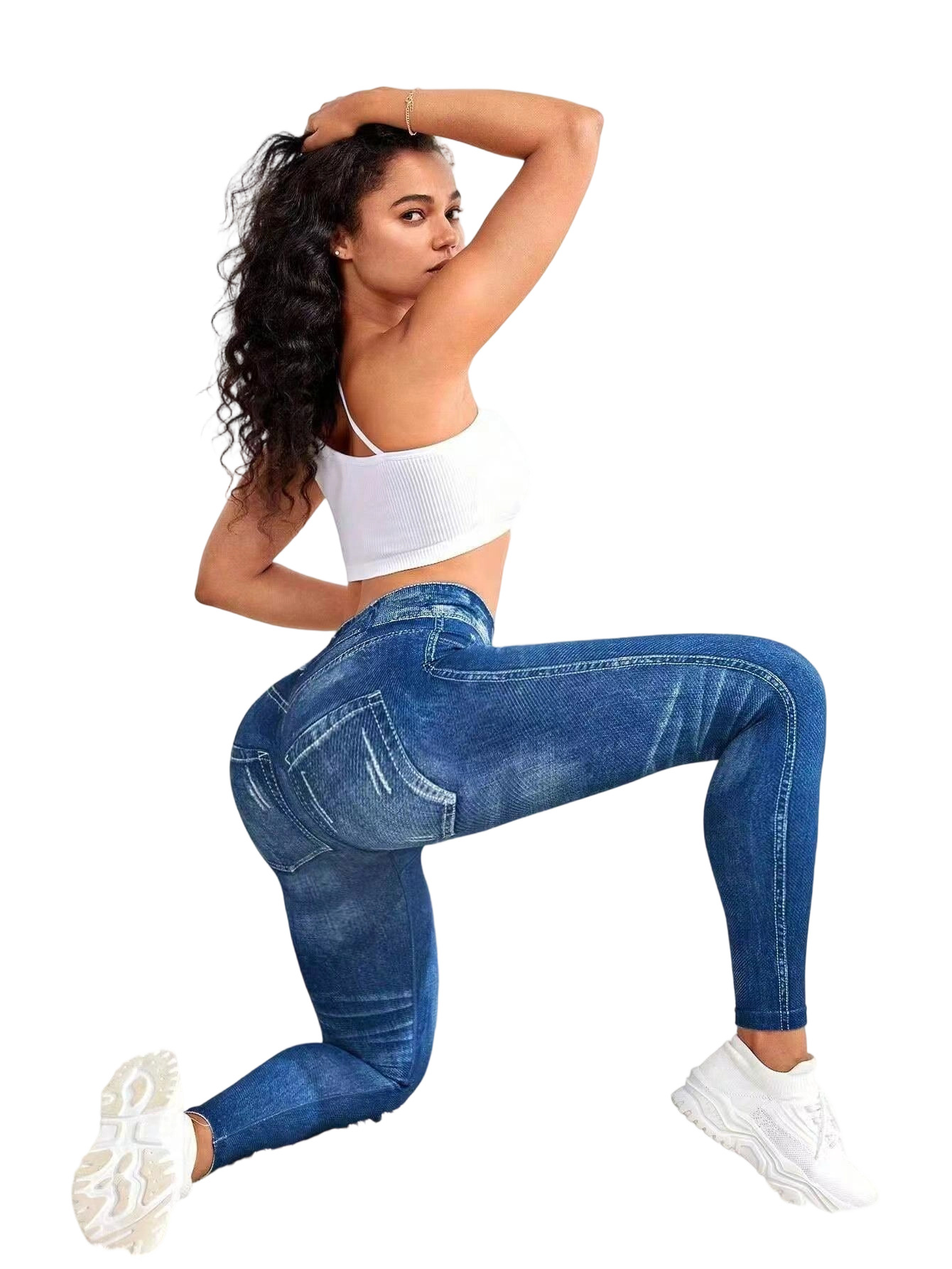 Cross-Border European and American New Large Size Tight-Fitting Fashionable Hip-Lifting Imitation Denim Yoga Pants