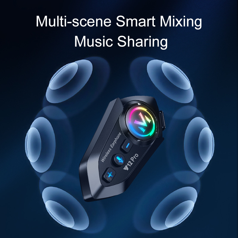 Cross-Border Y12Pro Motorcycle Helmet Bluetooth Headset Intercom Noise Reduction Long Battery Life Waterproof Mixing Riding Equipment