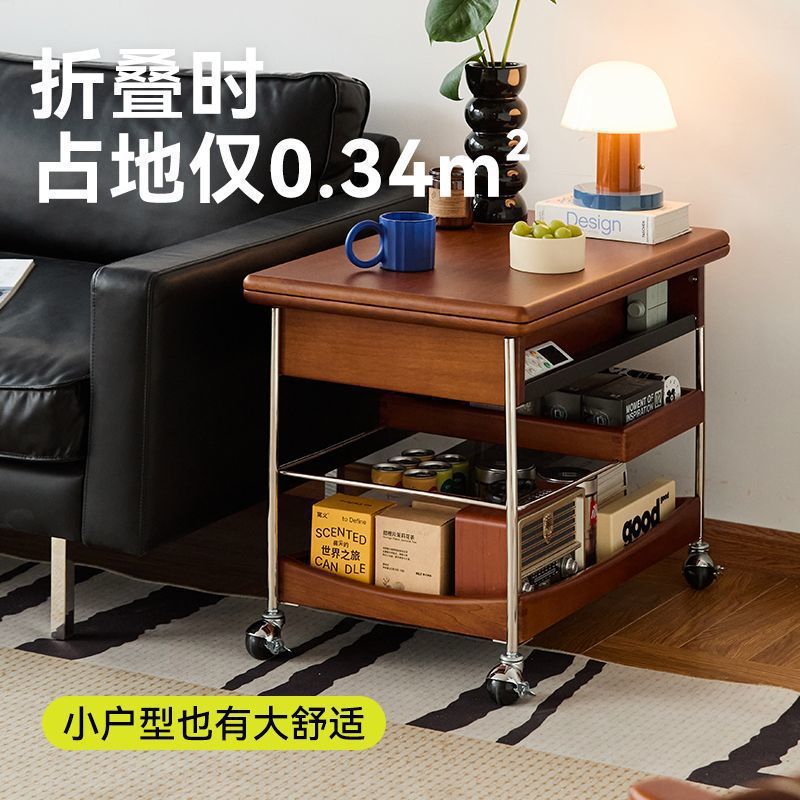 Solid Wood Coffee Table for Living Room, Vintage Style, Small Apartment, Movable Folding Coffee Table, Sofa Side Table, Kunwei