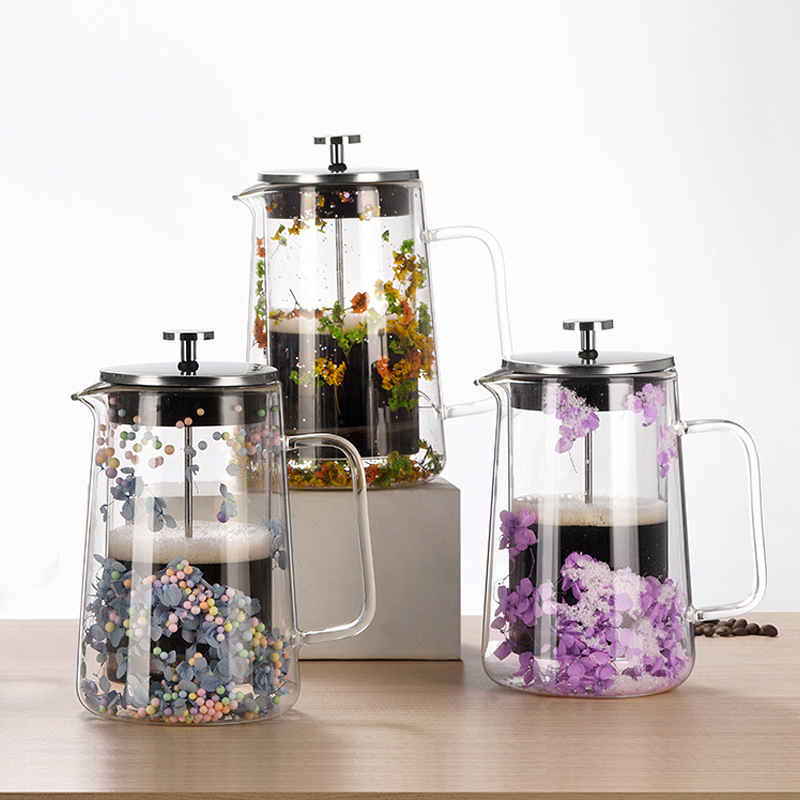 Dried Flower Double-Layer Glass French Press Pot, Heat-Resistant Coffee Pot, Insulated Coffee Utensil, Household Filter Tea Maker, Sharing Pot