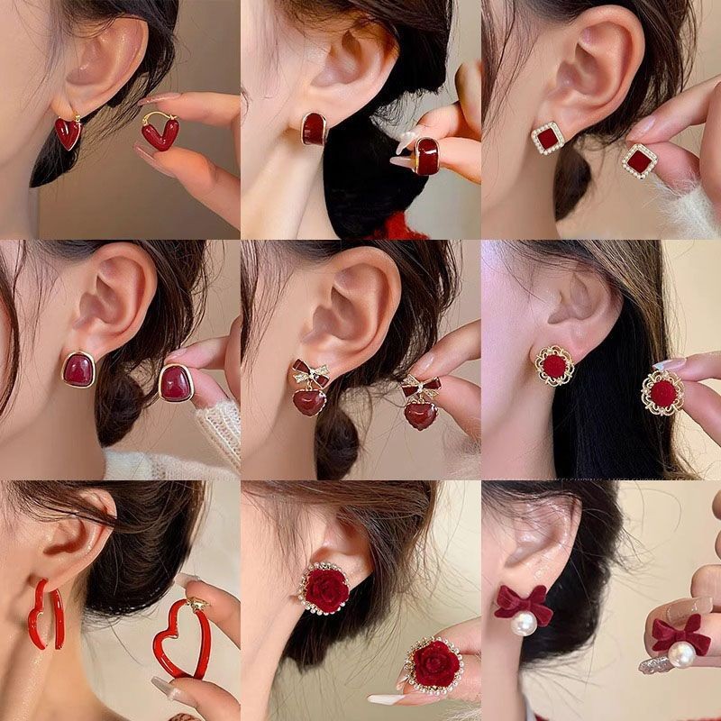 Серьги Ancora красного цвета, клипсы, бордовые серьги осень-зима, новогодние, простой и высококачественный стиль