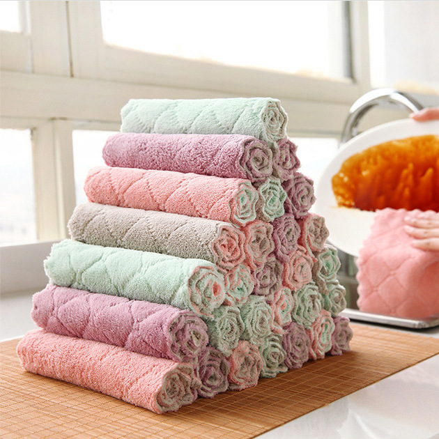 Thickened Cationic Water Ripple Dish Cloth Kitchen Cleaning Oil-free Coral Fleece Dish Cloth Wipe Table No Hair