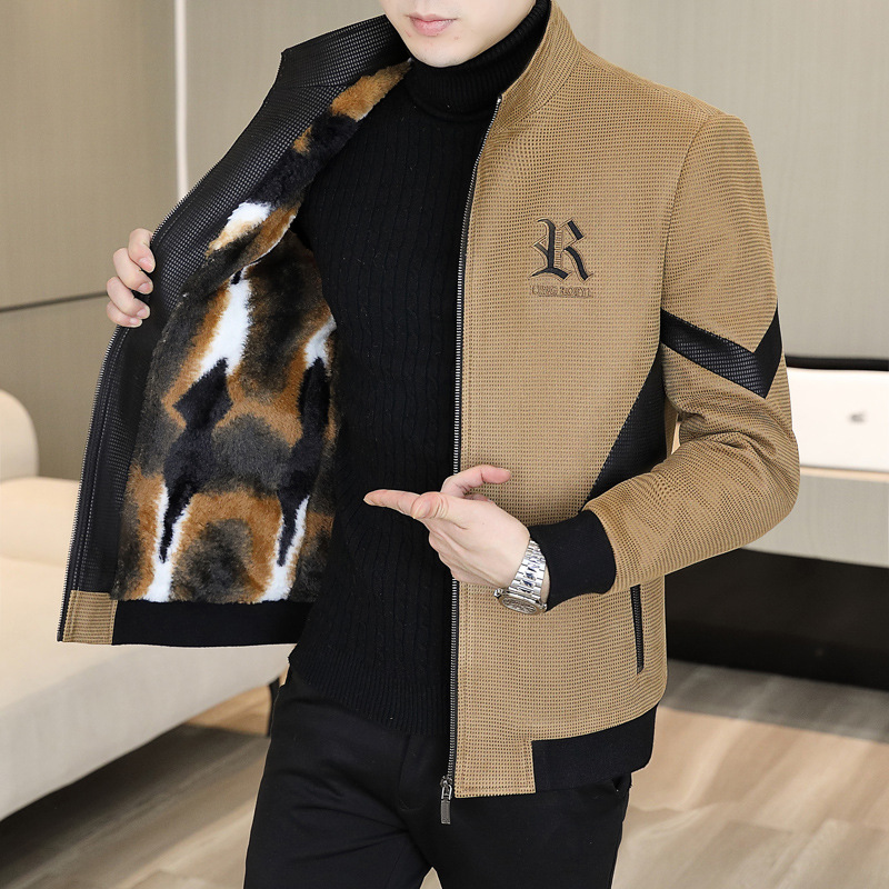 New Stand Collar Jacket for Men 2025 Autumn and Winter Fleece Thickened Versatile Embroidered Casual Jacket Top