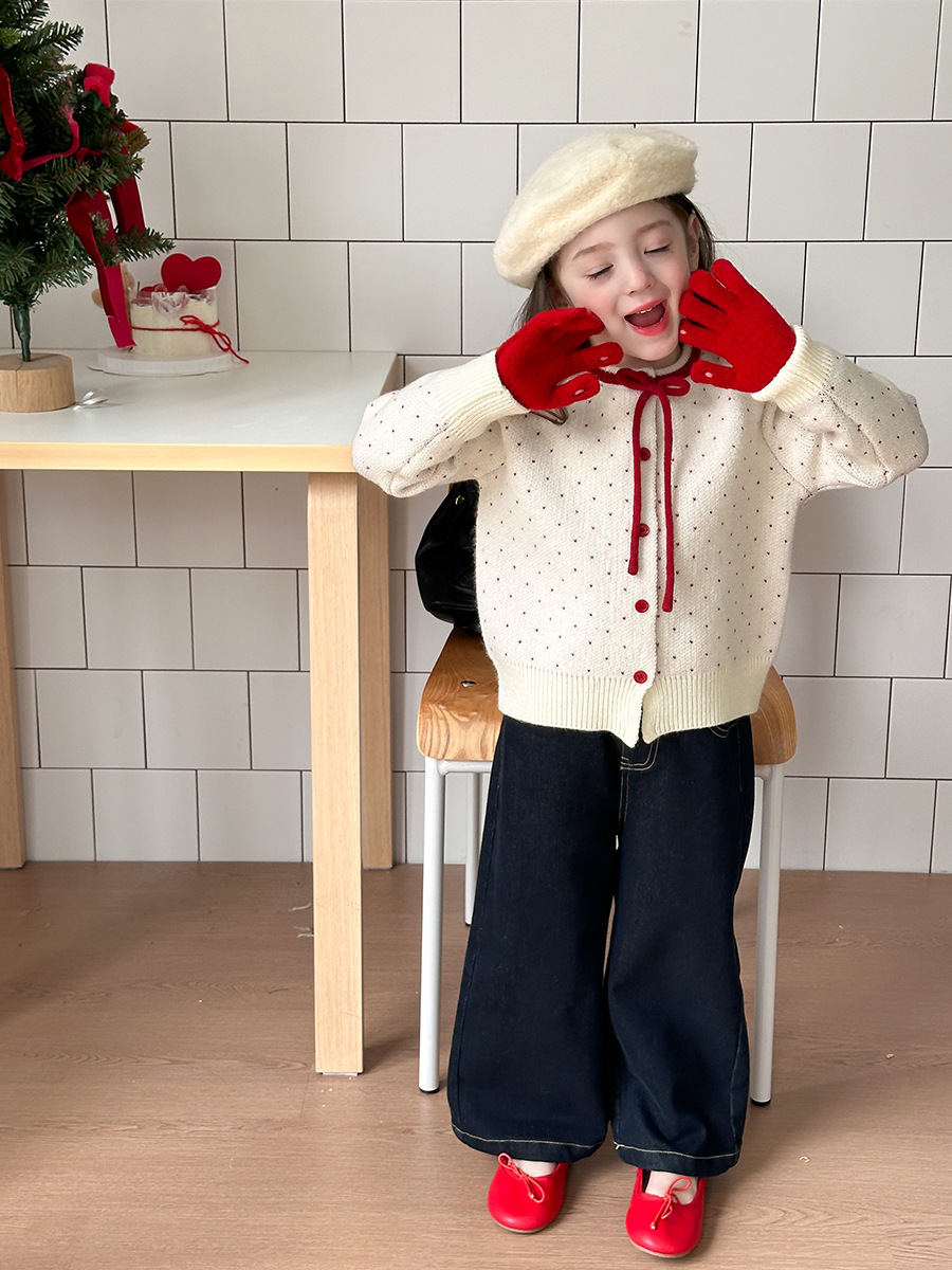 Christmas and New Year Style ~ Korean Style Sweet Polka Dot Bow Cashmere Knitted Cardigan Sweater Jacket for Baby Girls