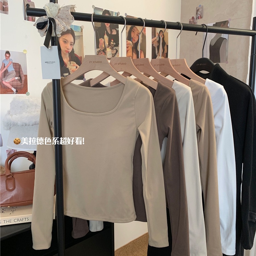 Warm Long-sleeved T-shirt U-neck Base Shirt Women's Inner Fleece Underwear Autumn and Winter New Style Thickened Top with Chest Pad Thin Fleece