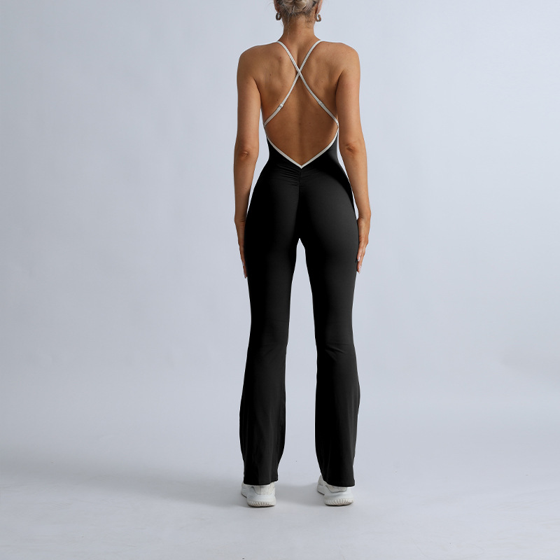 Customized Processing of Foreign Trade Cross-Border Sports Fitness Yoga Jumpsuits, Nude-Feeling High-Elastic Beautiful Back Quick-Drying Flared Trousers