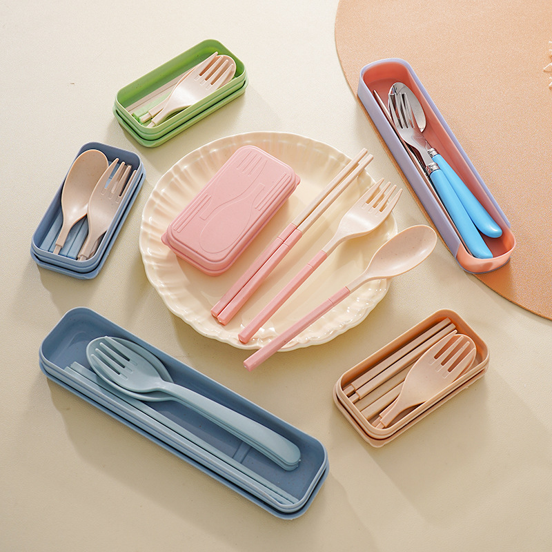 Spoon chopsticks fork three-piece set wheat straw portable plastic tableware student travel storage tableware box