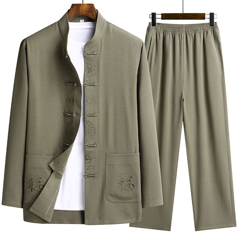 Костюм тан для мужчин, китайский стиль, длинный рукав, хлопок и лен, для дедушек, весна и лето, одежда в стиле Хань для пожилых