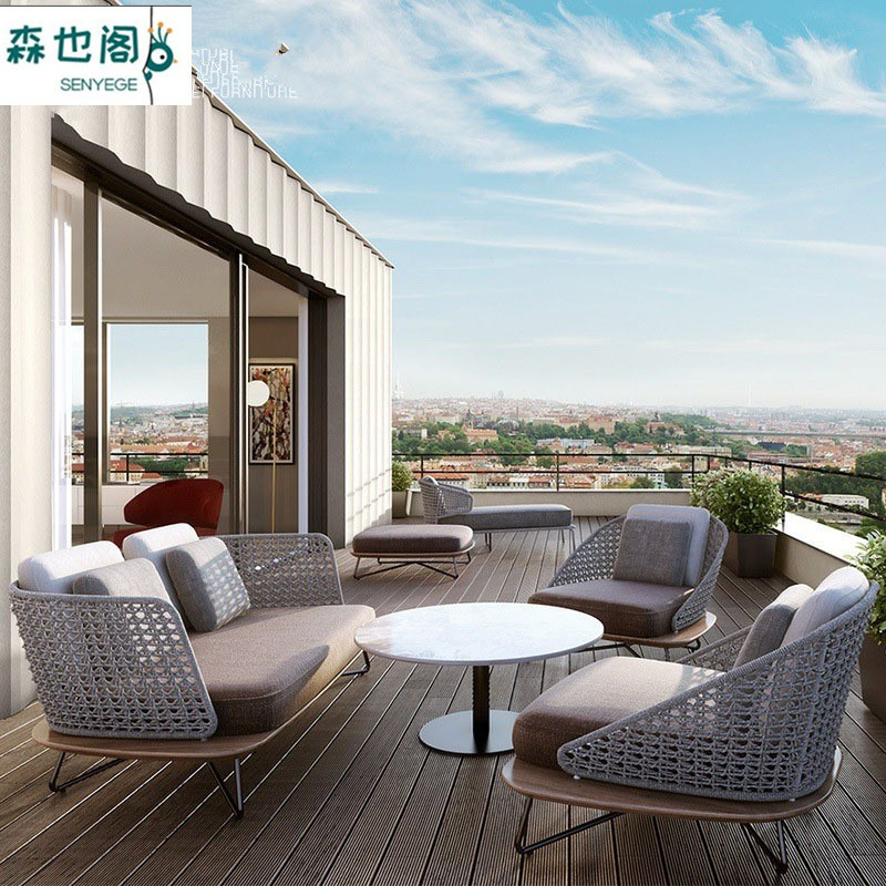 Outdoor Sofa Pineapple Lattice Solid Wood Casual Rattan Chair Tea Table Combination Waterproof Hotel Dew Balcony Villa Courtyard Furniture