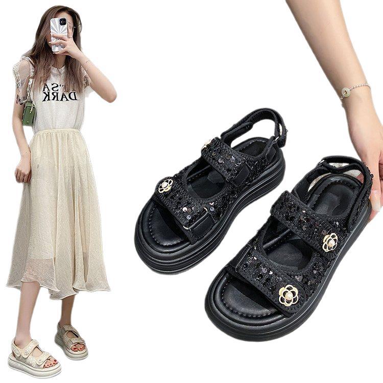 Black Thick-Soled Small Fragrant Sandals for Women 2025 Spring New Casual Versatile Sports Comfortable Beach Shoes for Women