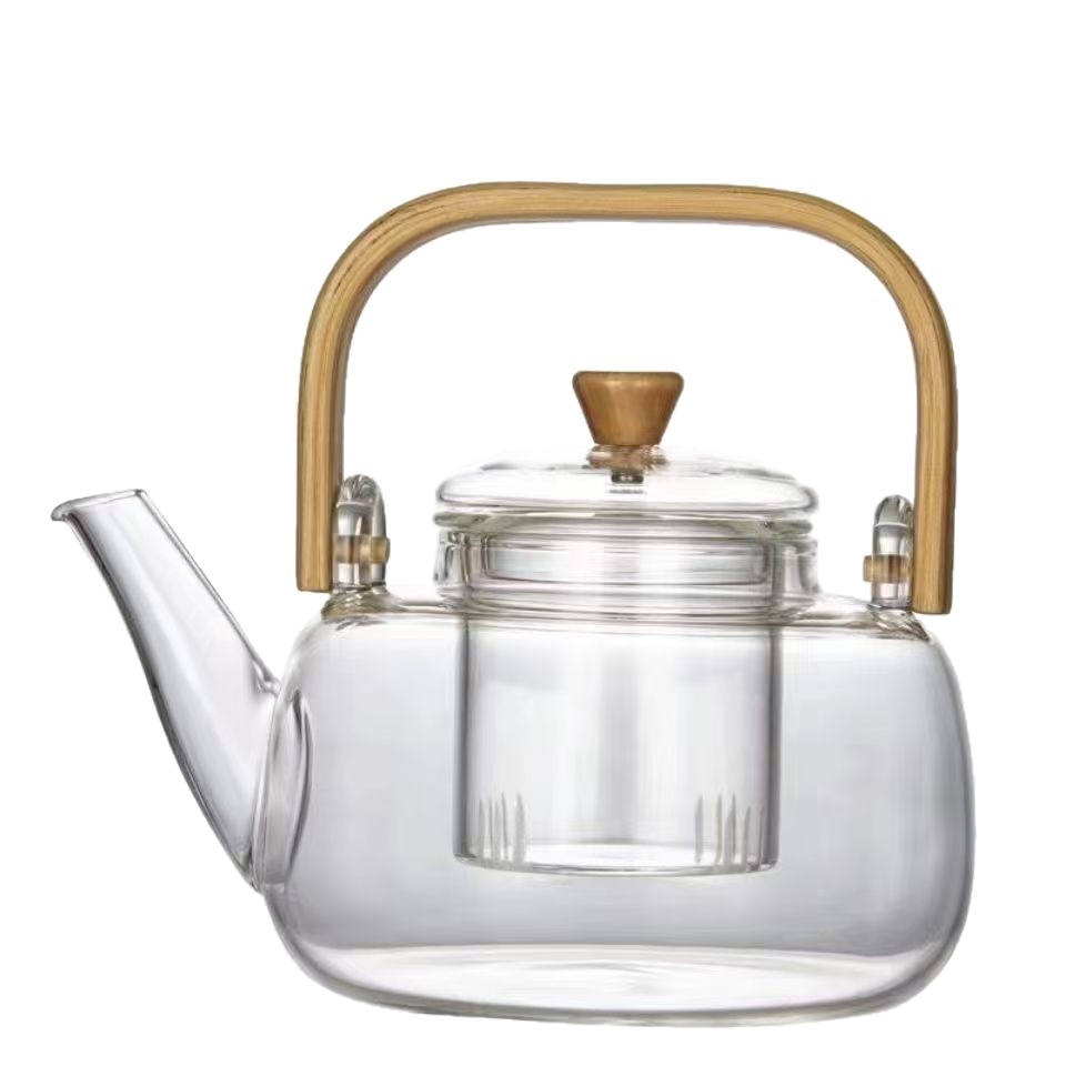 Heatable High-Temperature Borosilicate Glass Bamboo Handle Tea Brewing Pot with Integrated Steaming and Filtering Tea Pot with Handle