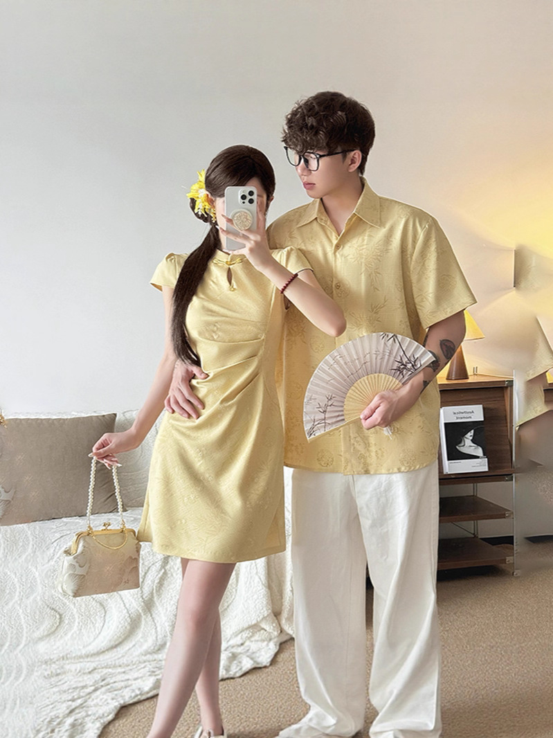 Chinese Style Couple's Short-Sleeve Shirt Summer Improved Waist Versatile Short Women's Design Cheongsam Dress
