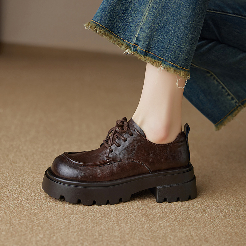 British Style Retro High-Heeled Leather Shoes for Women 2025 Autumn New Style Height-Increasing Lace-Up Thick-Soled Loafers for Petite Women