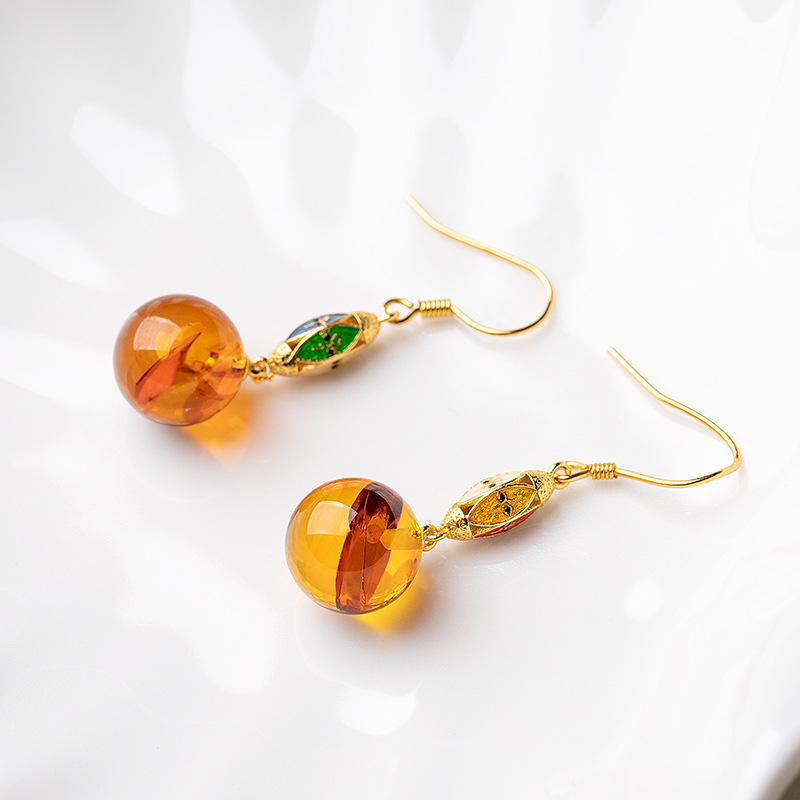 Natural Ore Amber Pepper Round Bead Earrings Earrings Ear Hook Elegant Classic S925 Silver Gold Plated Inlaid Earrings
