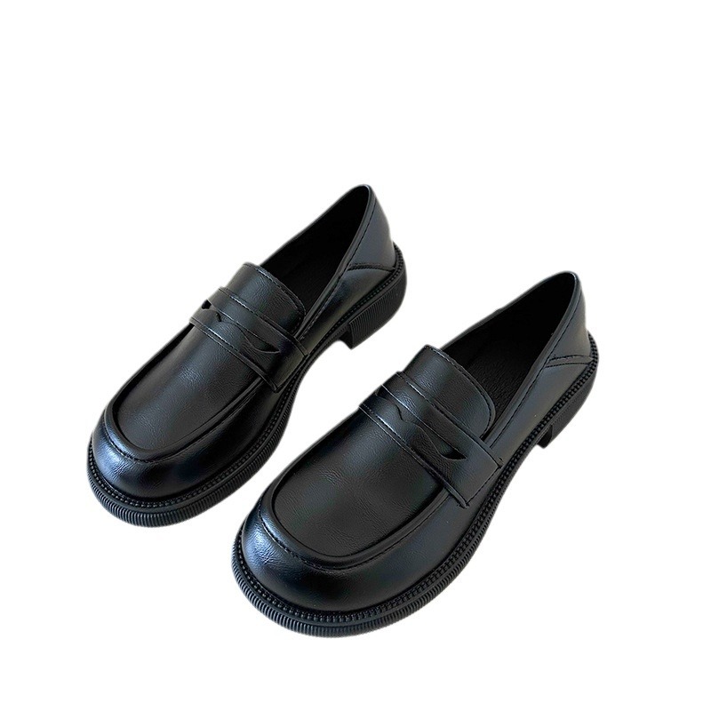 Black British-Style Women's Leather Shoes with Chunky Heels, 2025 Spring and Autumn New Slip-On Chunky Heel Loafers, Round-Toe Dual-Wear Women's Shoes