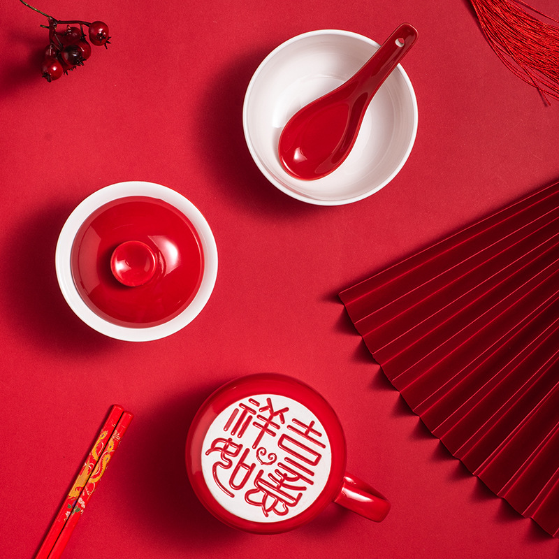 Wedding supplies ceramic double happiness century good fit bowl toast Cup wedding bowl chopsticks festive set wedding gift