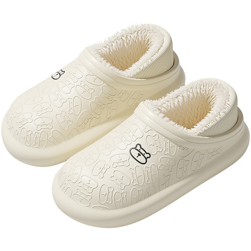 Waterproof Home Bear Cotton Shoes Women's Autumn and Winter Warm Couple Thick Bottom Heel Outer Wear fleece-lined Thick Moon Slippers