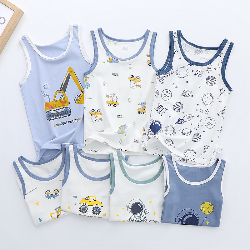 2025 New Summer Cartoon Printed Boneless Kidsren's Vest Pure Cotton Boys Simple Sleeveless Top Bottoming