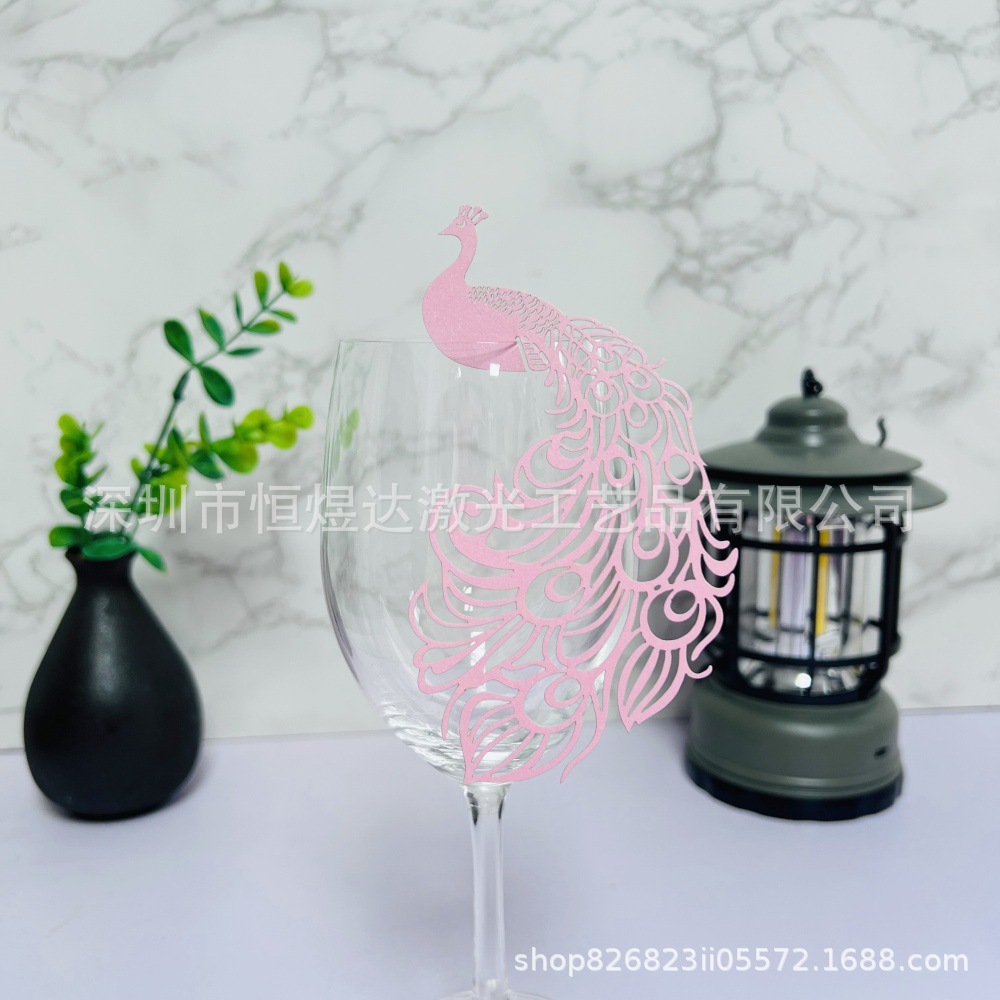 Hot Selling Hotel Restaurant Seat Card Laser Cut Out Peacock Red Wine Glass Card Party Layout Ready for Sale