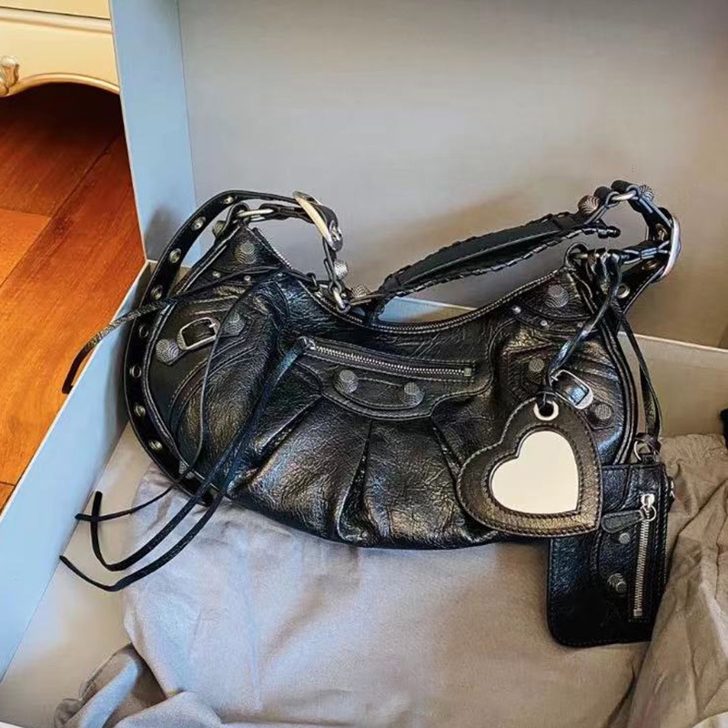 25 New B Motorcycle Bag Armpit Bag Rivet Tassel Three-In-One Crescent Pleated Cowhide Shoulder Crossbody Women's Bag