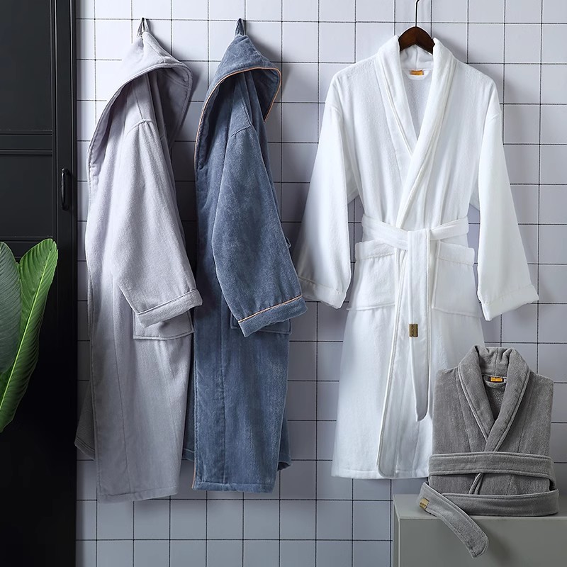 Hotel cotton absorbent quick-drying nightgown cut velvet green fruit collar bathrobe men's and women's long adult thick bathrobe manufacturers
