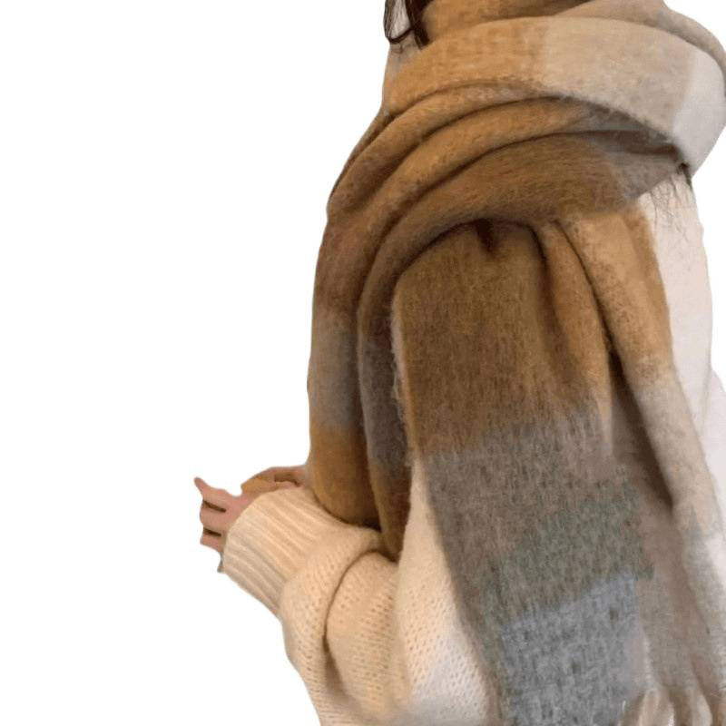 Autumn and Winter New Thickened Warm Rainbow-Colored Plaid Scarf European and American Loop Yarn Thick Tassel Color-Blocking Shawl