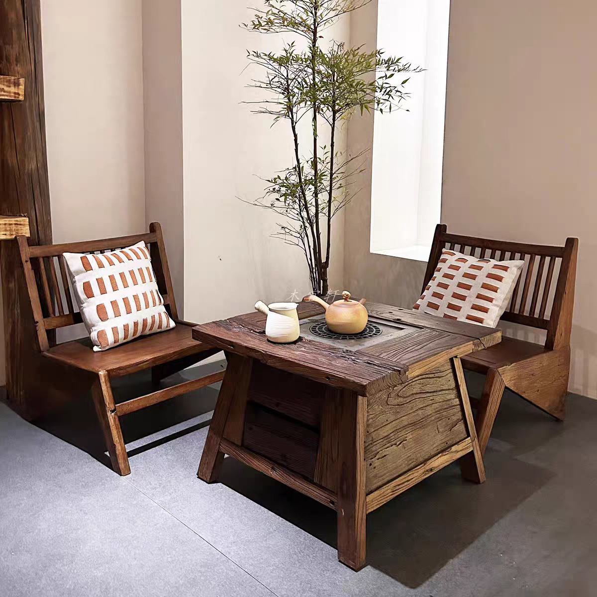 Wabi-Sabi Style Old Elm Wood Tea Brewing Table and Chairs Villa Courtyard Electric Stove Barbecue Table Charcoal Grill Integrated Tea Brewing Table