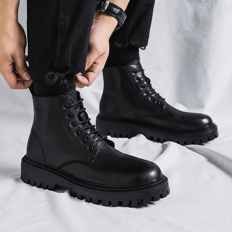 Popular online celebrity Martin boots men's high-top trendy spring and autumn British style retro mid-top leather shoes increased black leather boots